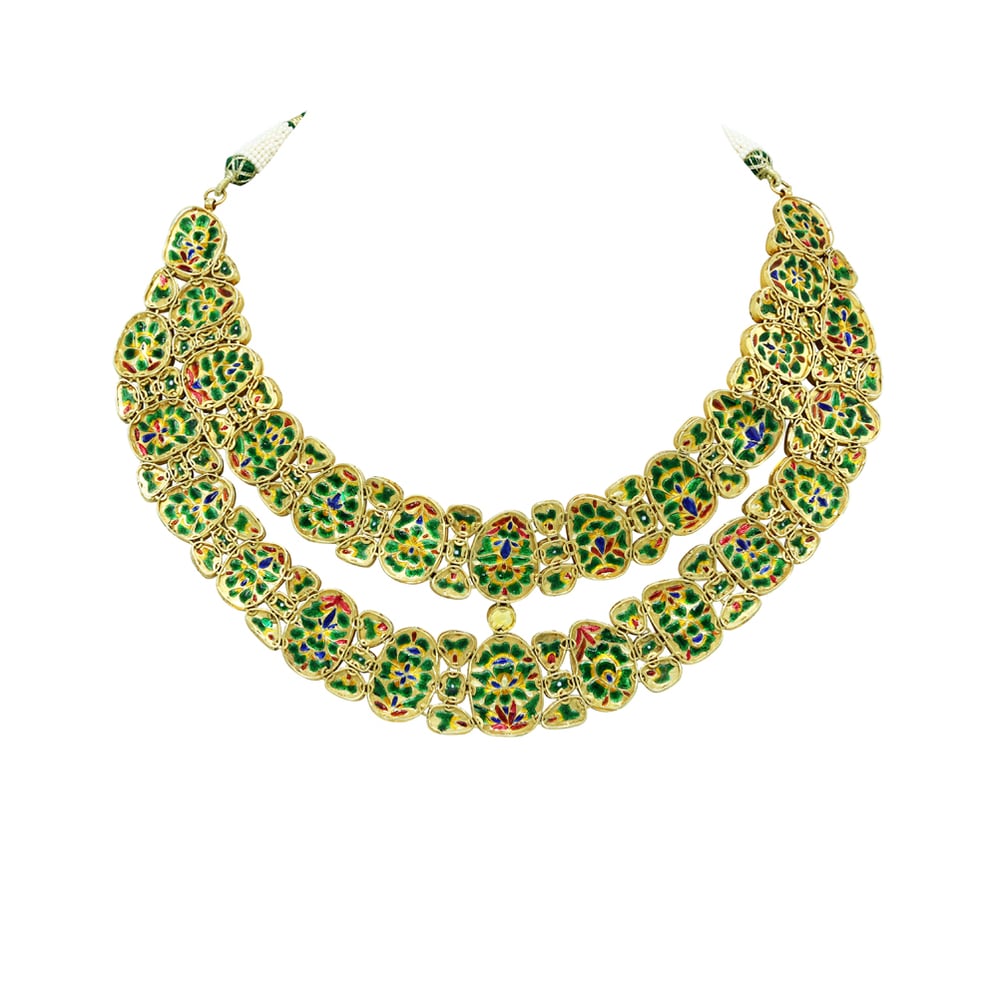 Polki Necklace Set with Green Enamel and Layered Design